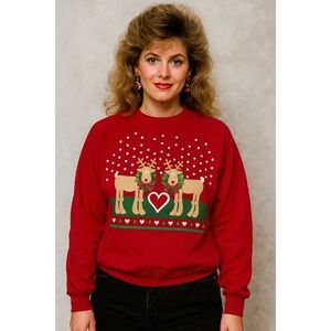 Vintage Red Reindeer Heart Ugly Christmas Sweater Sweatshirt XL 1989 Puff Paint‎
